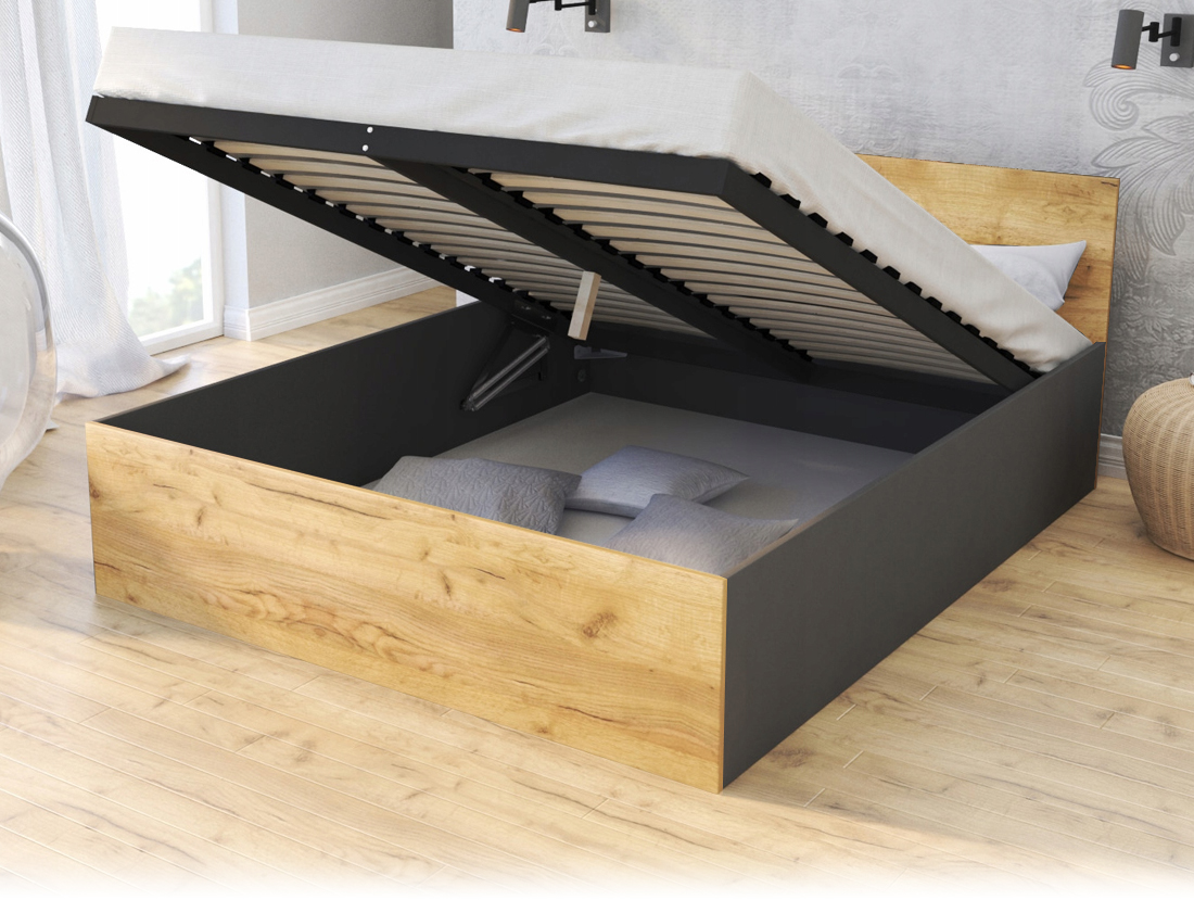 Manželská postel PANAMA 160x200 se zvedacím dřevěným roštem ŠEDÁ DUB