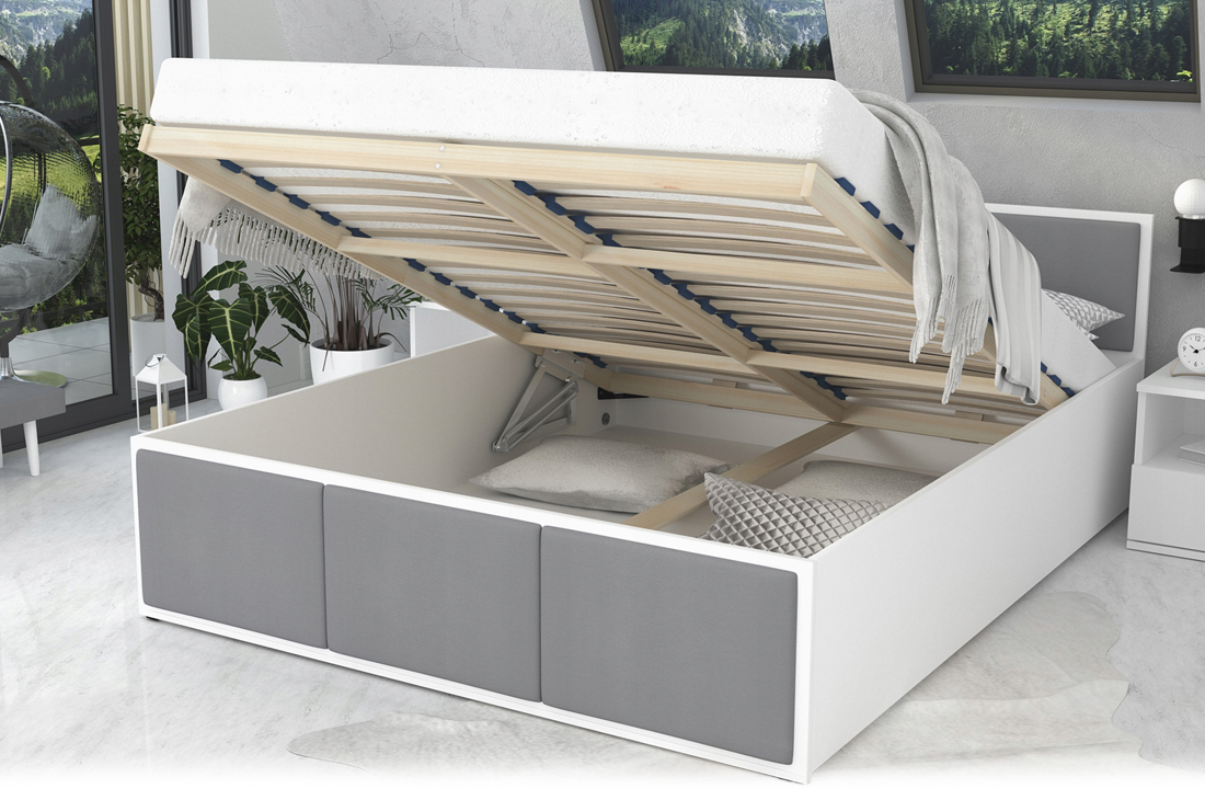 Manželská postel PANAMA T 160x200 se zvedacím dřevěným roštem BÍLÁ ŠEDÁ
