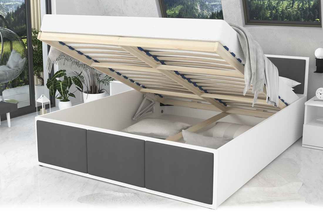 Manželská postel PANAMA T 160x200 se zvedacím dřevěným roštem BÍLÁ TMAVĚ ŠEDÁ