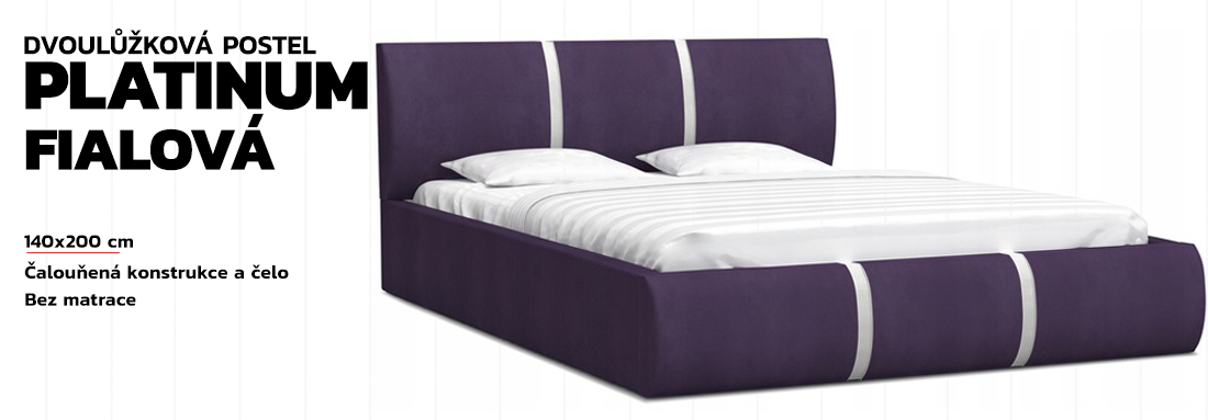 Čalouněná manželská postel PLATINUM fialová bílá 140x200 Trinity s kovovým roštem