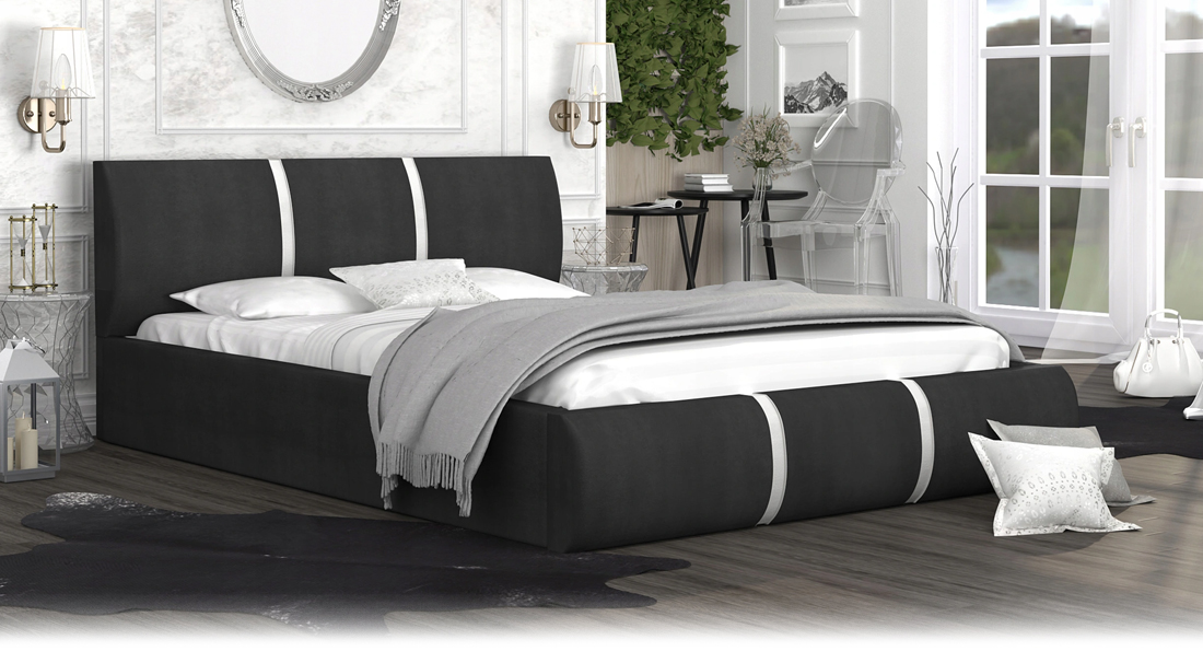 Čalouněná manželská postel PLATINUM černá bílá 140x200 Trinity s dřevěným roštem