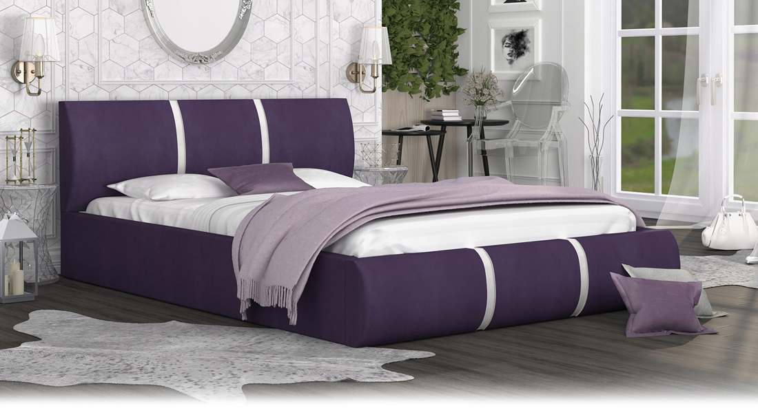 Čalouněná manželská postel PLATINUM fialová bílá 140x200 Trinity s kovovým roštem