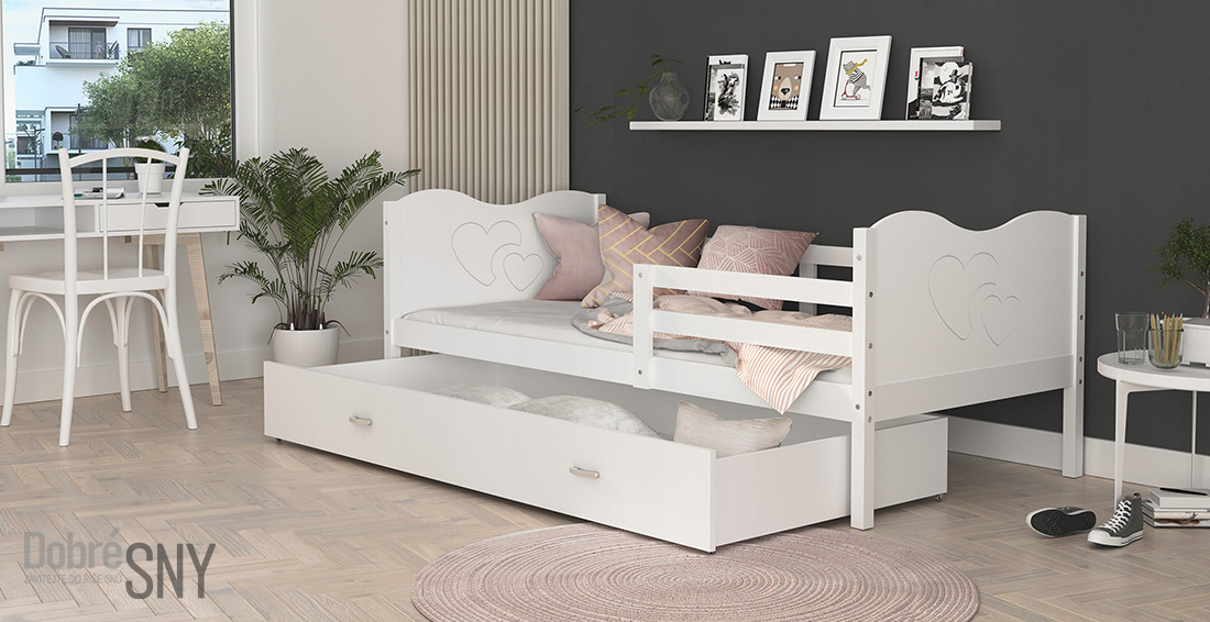 Dětská postel MAX P 80x160cm s bílou konstrukcí v bílé barvě s motivem srdíček