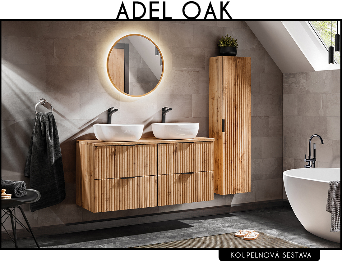 Koupelnová sestava ADEL OAK + 2x umyvadlo + zrcadlo, 120 cm