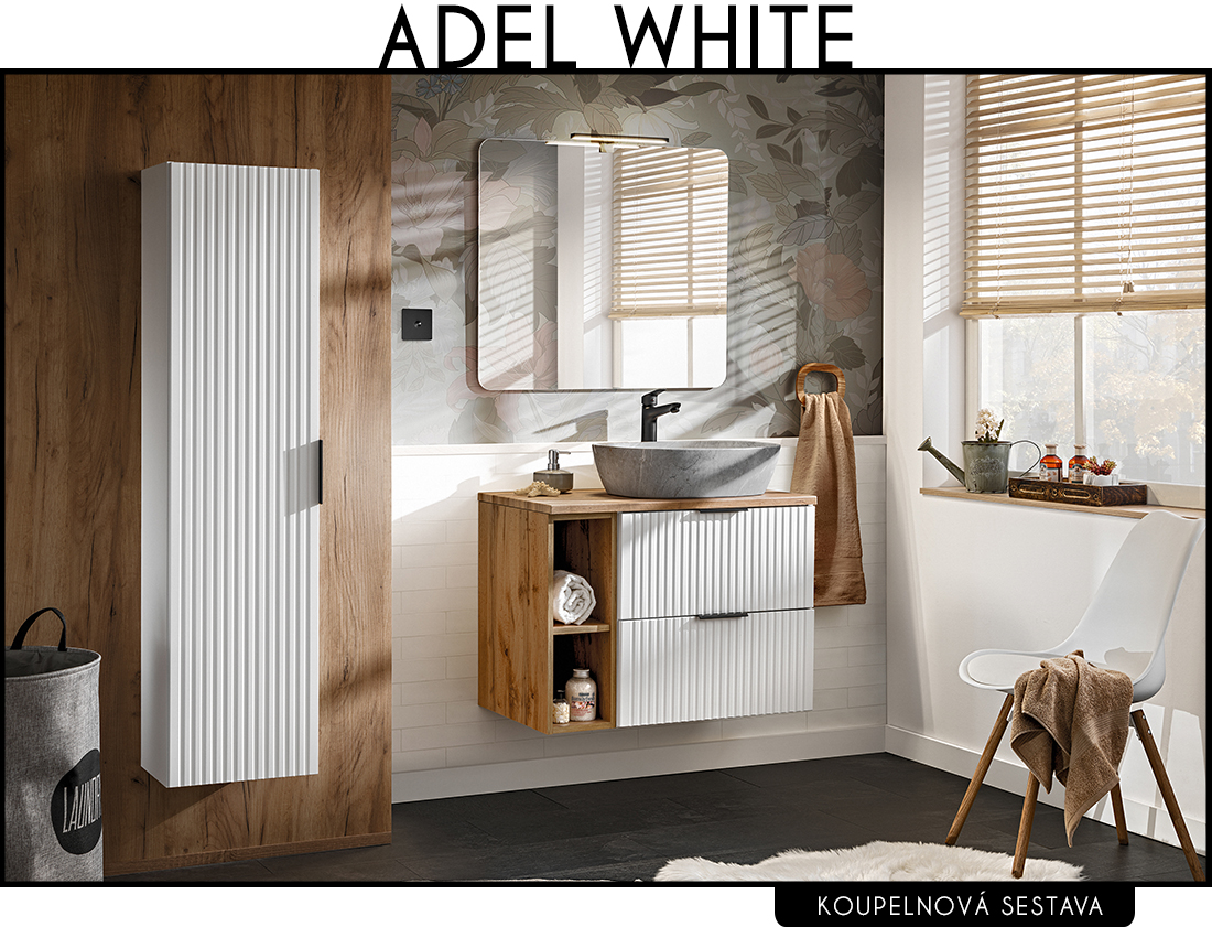 Koupelnová sestava ADEL WHITE + umyvadlo + zrcadlo + LED svítidlo + regál, 80 cm