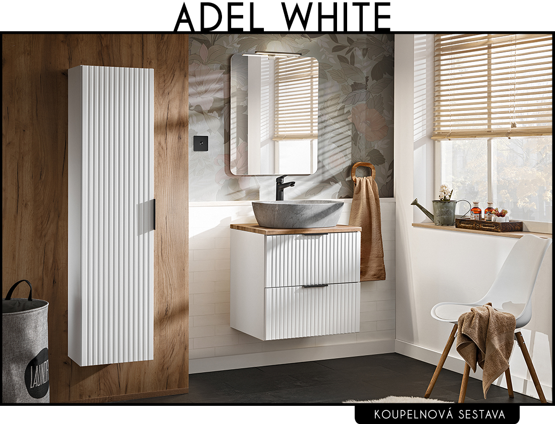 Koupelnová sestava ADEL WHITE + umyvadlo + zrcadlo + LED svítidlo, 60 cm