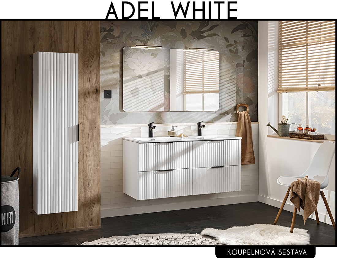 Koupelnová sestava ADEL WHITE + dvojité umyvadlo + zrcadlo + 2x LED svítidlo, 120 cm