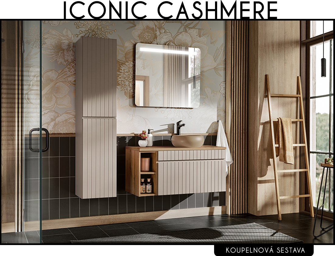 Koupelnová sestava ICONIC CASHMERE + umyvadlo + zrcadlo + LED svítidlo, 100 cm