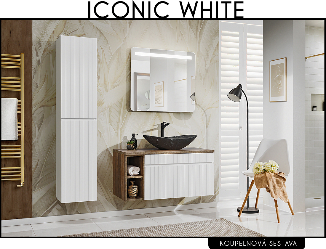 Koupelnová sestava ICONIC WHITE + umyvadlo + zrcadlo, 100 cm