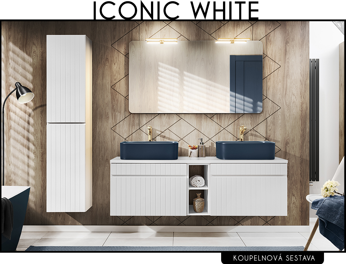 Koupelnová sestava ICONIC WHITE + 2x umyvadlo + zrcadlo, 140 cm