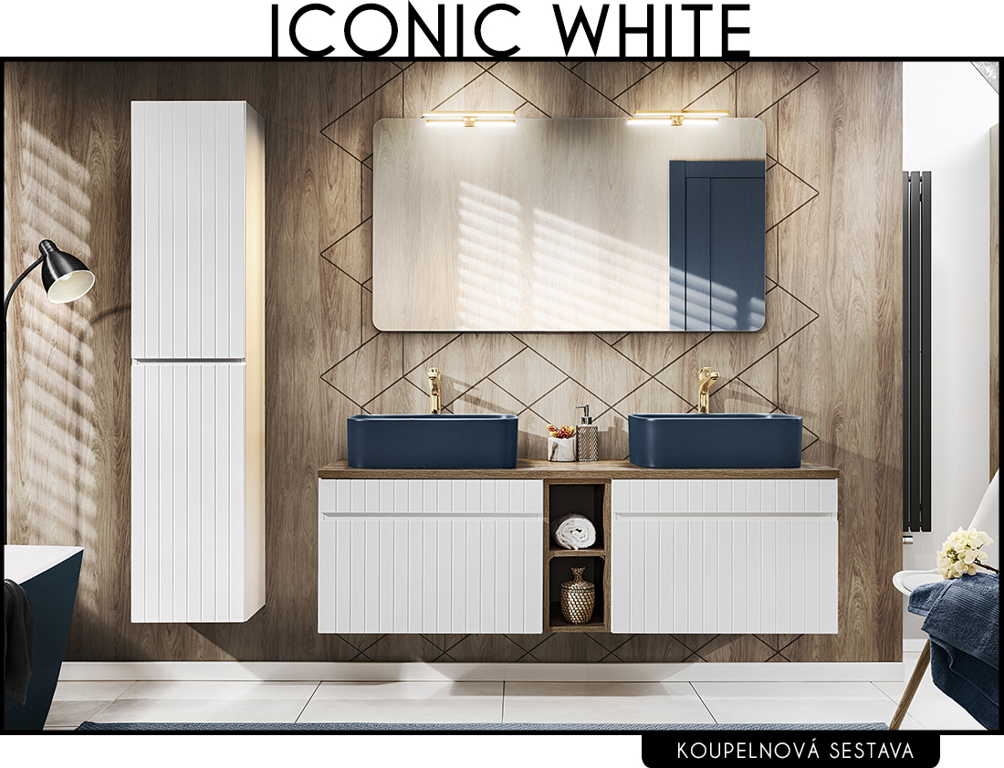 Koupelnová sestava ICONIC WHITE + 2x umyvadlo + zrcadlo, tmavá deska 140 cm