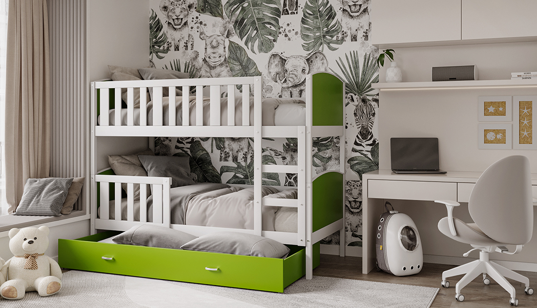 Detská poschodová posteľ TAMI 90x200 cm s bielou konštrukciou v zelenej farbe