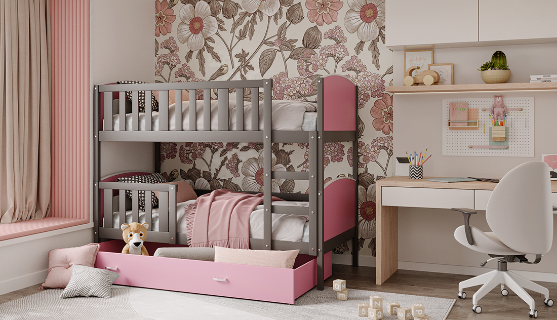 Detská poschodová posteľ TAMI 80x160 cm so šedou konštrukciou v ružovej farbe
