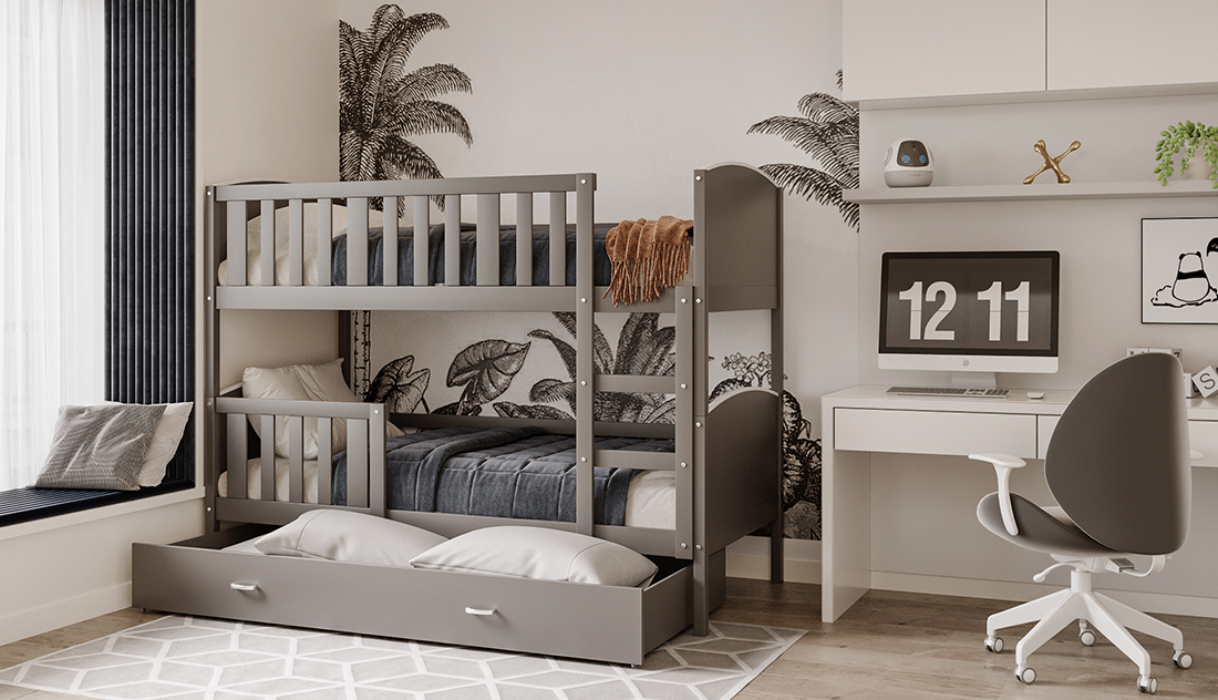 Detská poschodová posteľ TAMI 90x200 cm so šedou konštrukciou v šedej farbe