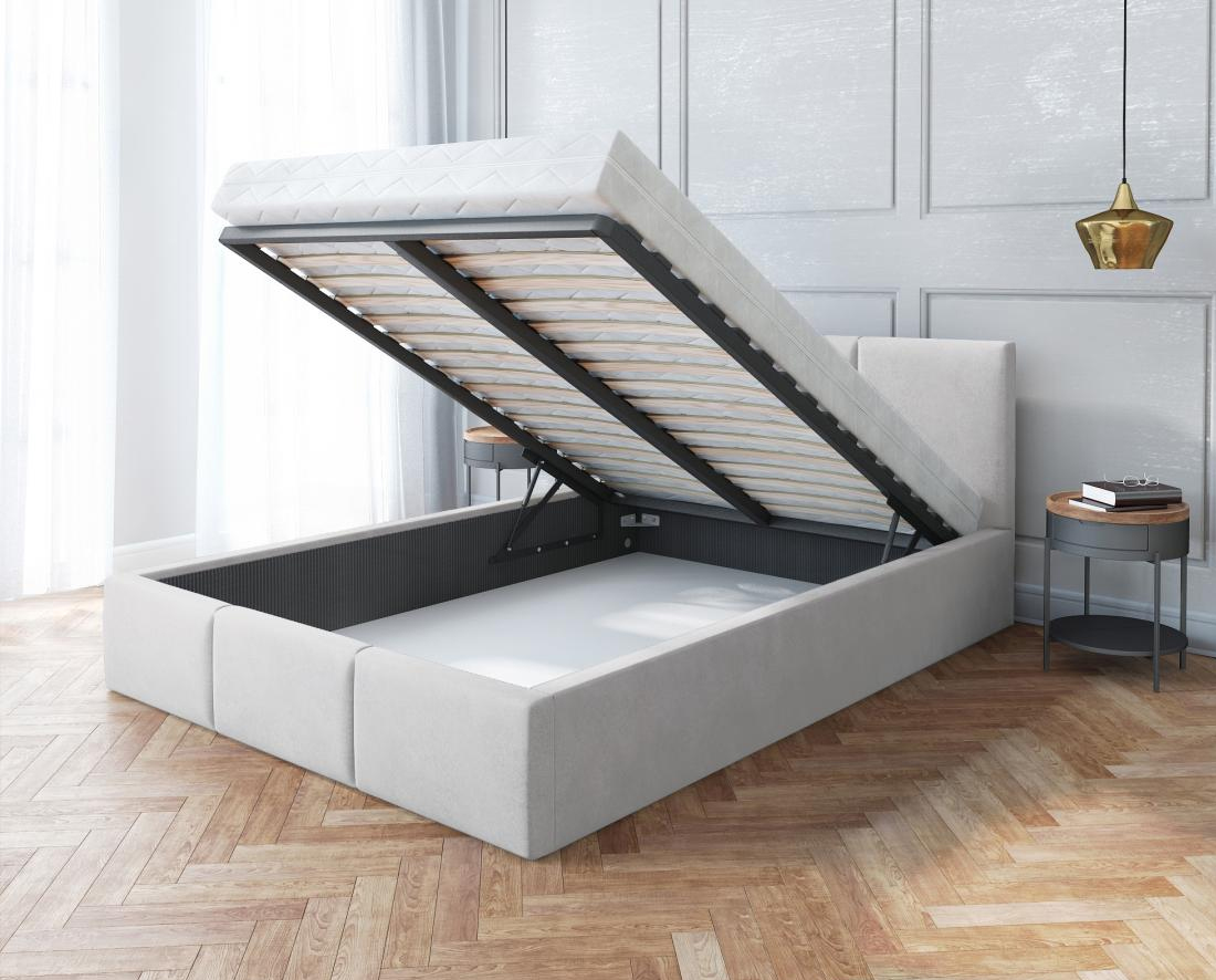 Čalouněná postel AMBER 160x200 Bílá Trinity s úložným prostorem kovový rošt