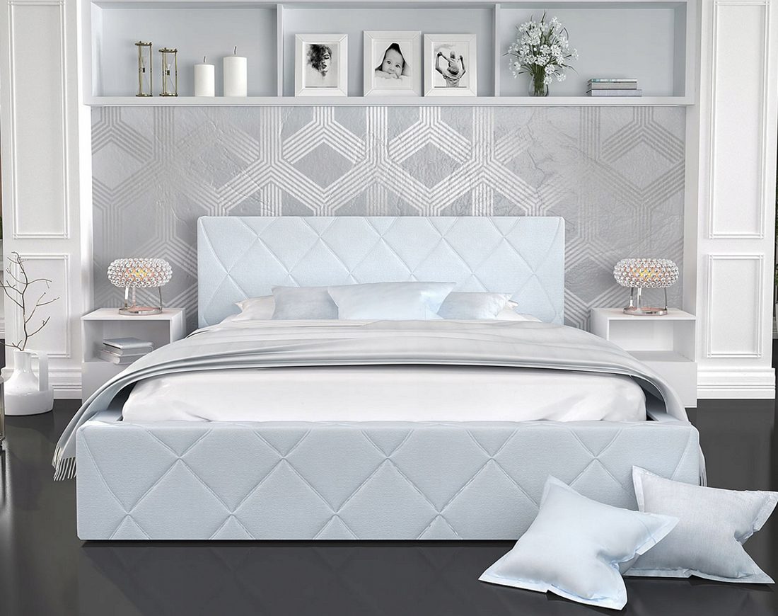 Luxusní postel CARO 90x200 s kovovým zdvižným roštem SVĚTLE MODRÁ