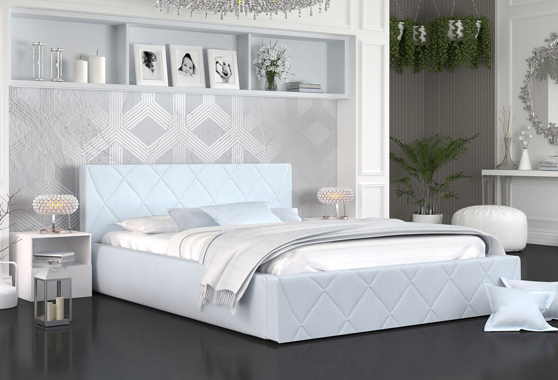 Luxusní postel CARO 90x200 s kovovým zdvižným roštem SVĚTLE MODRÁ