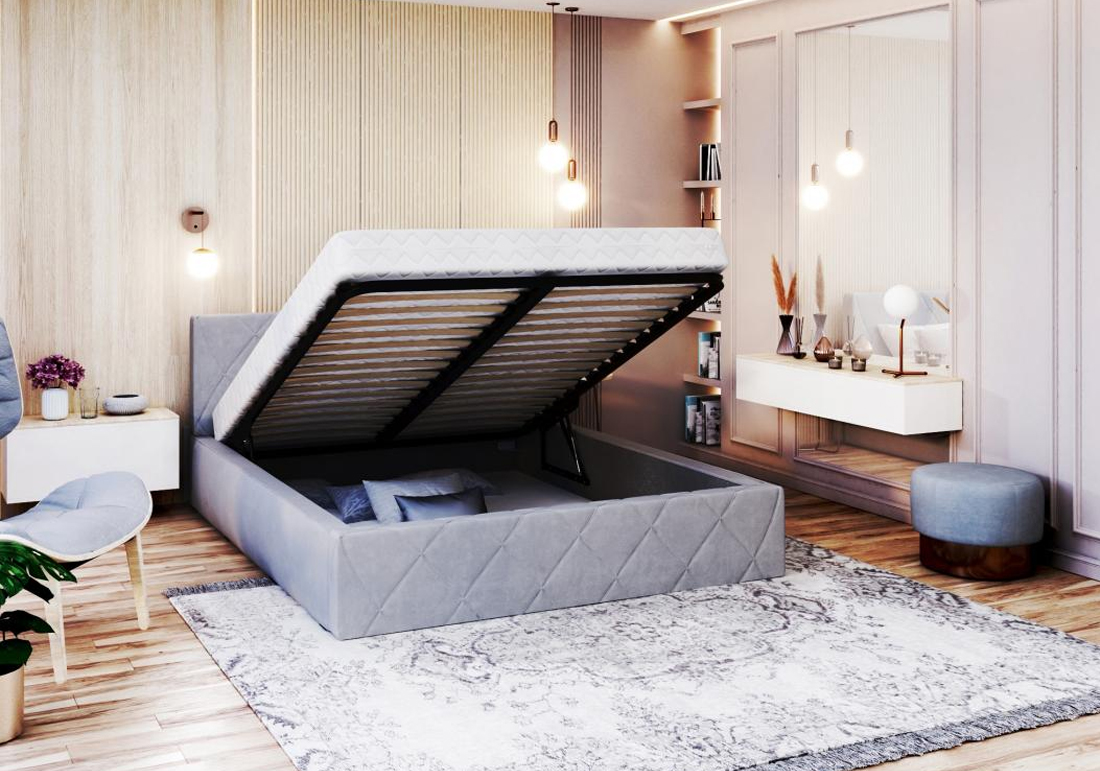 Luxusní postel CARO 180x200 s kovovým zdvižným roštem ŠEDÁ