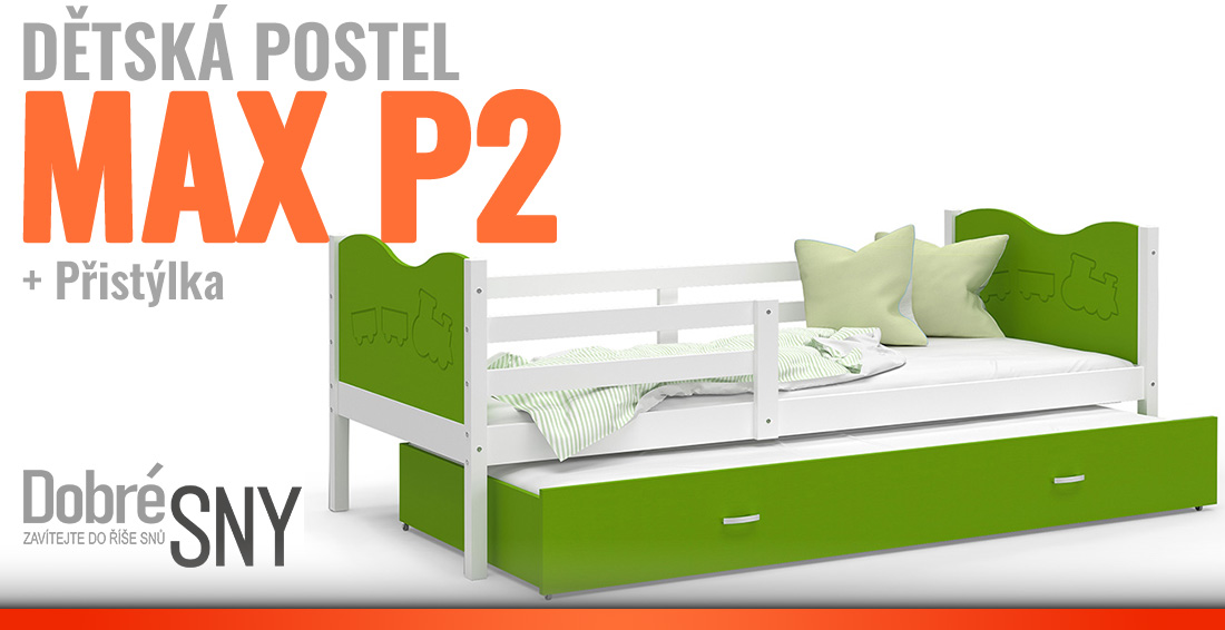Dětská postel MAX P2 90x200cm s bílou konstrukcí v zelené barvě s motivem vláčku