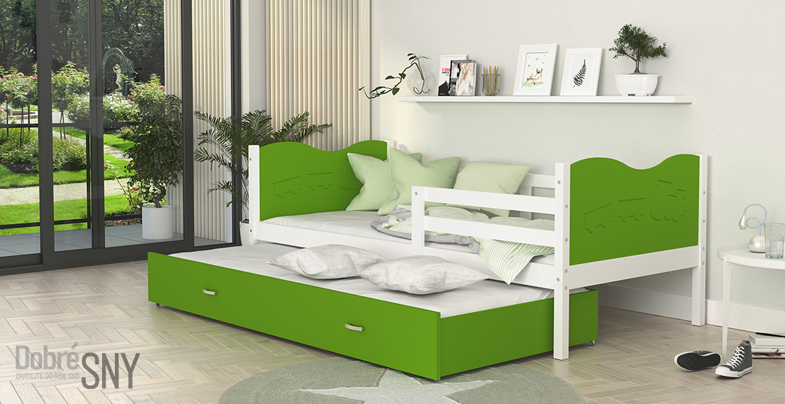 Dětská postel MAX P2 80x190 cm s bílou konstrukcí v zelené barvě s motivem vláčku