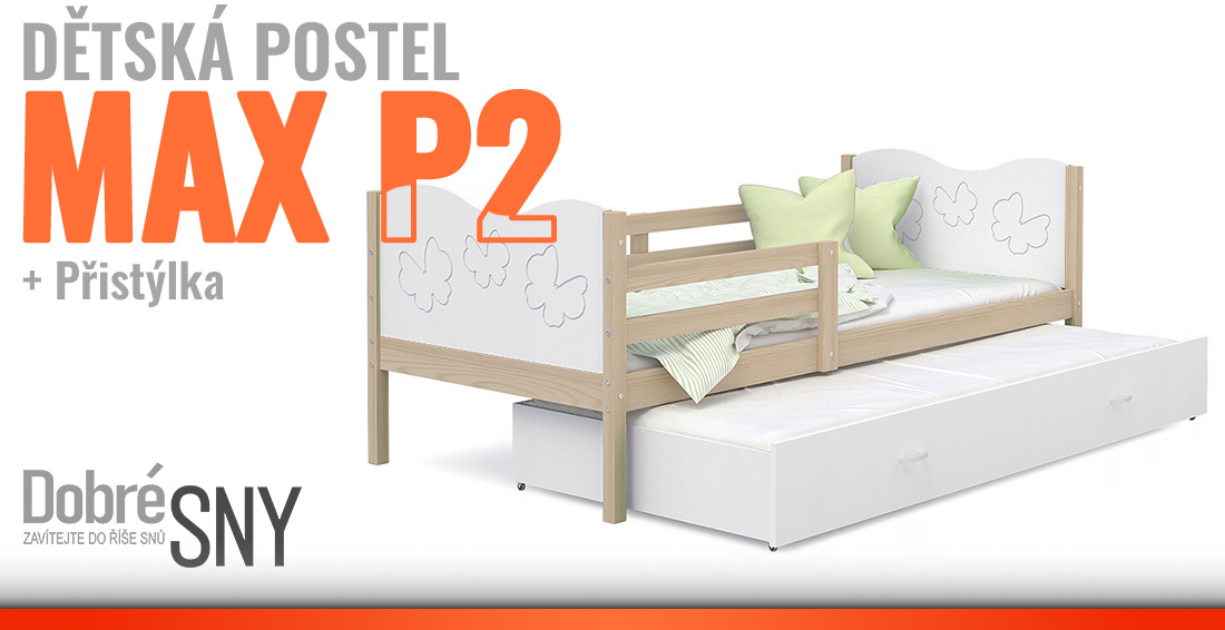 Dětská postel MAX P2 80x190 cm s borovicovou konstrukcí v bíle barvě s motivem motýlků