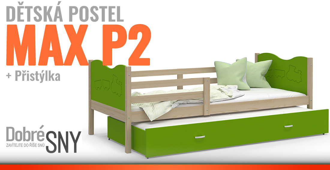 Dětská postel MAX P2 80x190 cm s borovicovou konstrukcí v zelené barvě s motivem vláčku