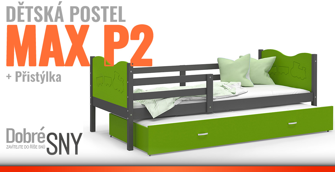 Dětská postel MAX P2 80x190 cm s šedou konstrukcí v zelené barvě s motivem vláčku
