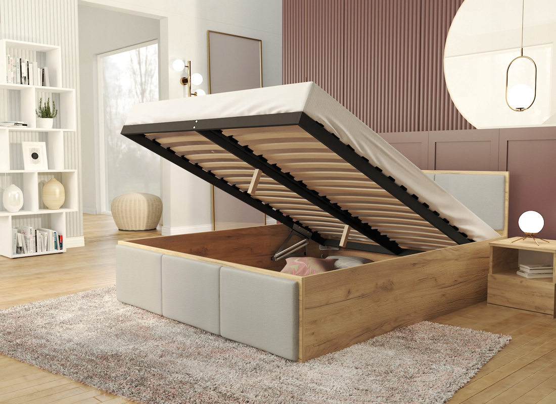 Manželská postel PANAMA T 140x200 se zvedacím dřevěným roštem DUB SVĚTLE ŠEDÁ