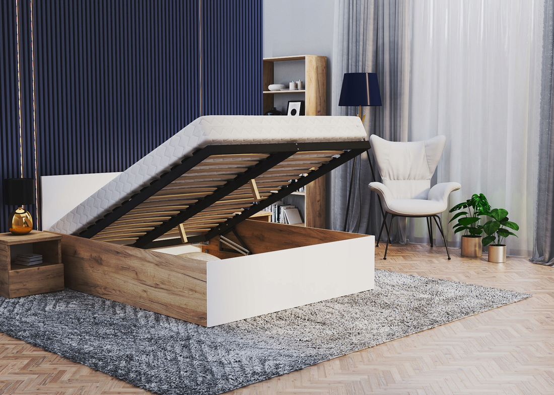 Manželská postel PANAMA 160x200 se zvedacím dřevěným roštem DUB BÍLÁ