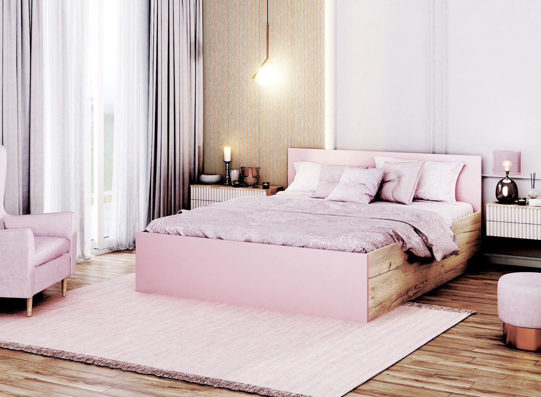 Manželská postel PANAMA 140x200 se zvedacím dřevěným roštem RŮŽOVÁ-DUB