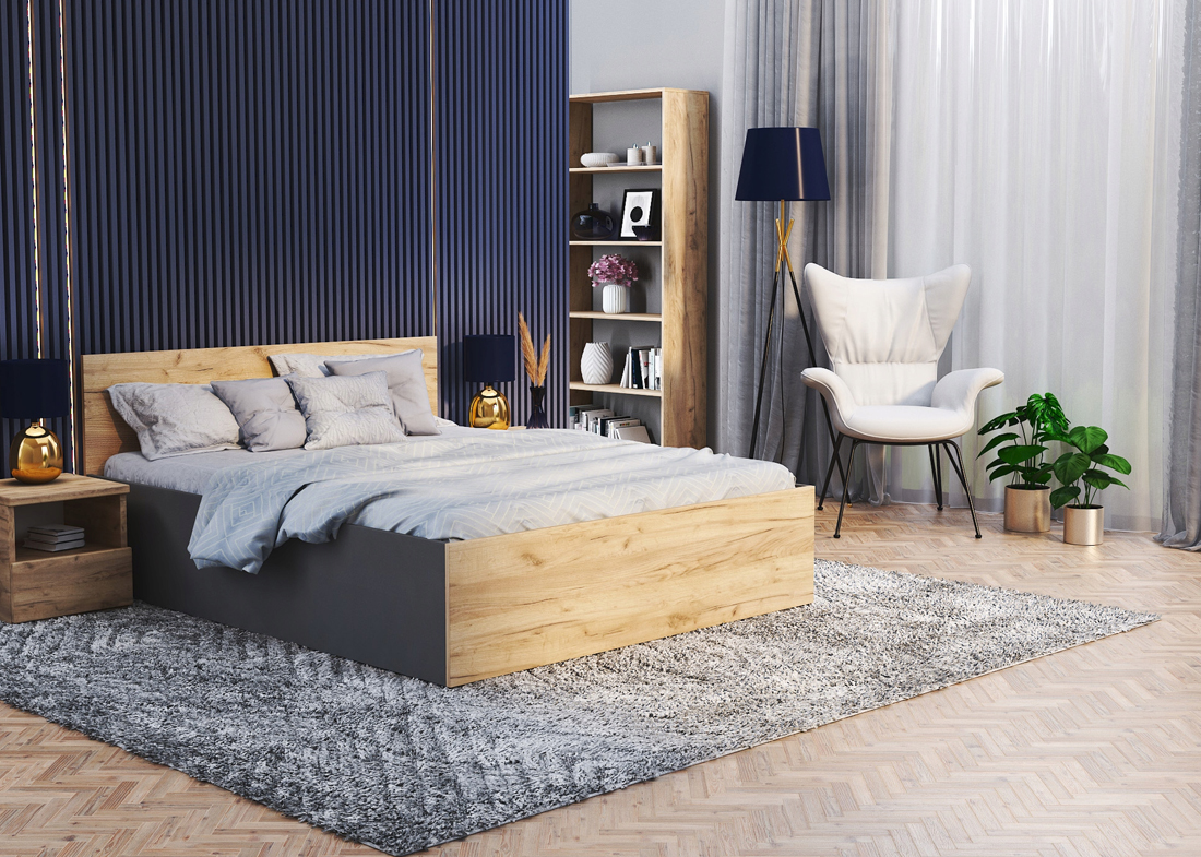 Manželská postel PANAMA 160x200 se zvedacím dřevěným roštem ŠEDÁ DUB