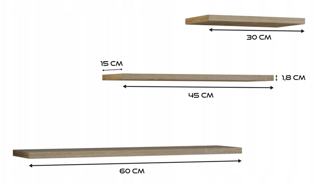 Sada 3 nástěnných polic TOBI dub sonoma