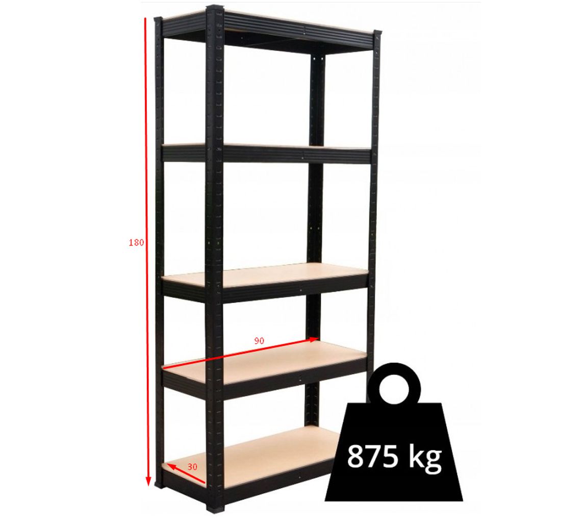 Kovový regál P9030, 180x90x30, nosnost 875 kg, černý