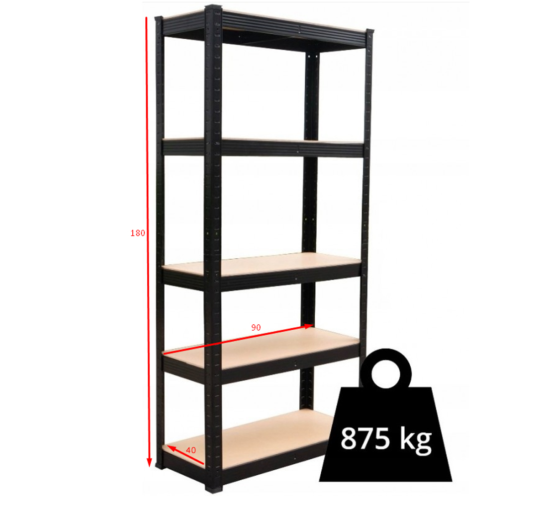 Kovový regál P9040, 180x90x40, nosnost 875 kg, černý