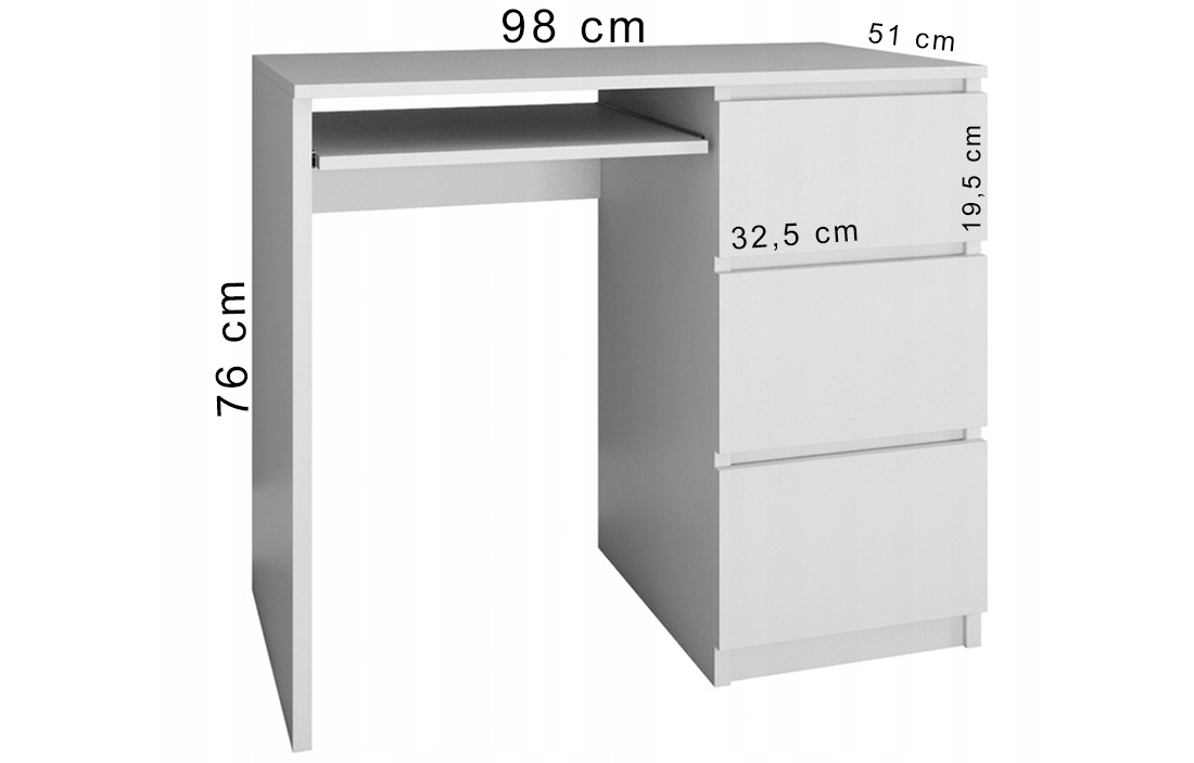 Písací stôl s 3 zásuvkami LIMA biela, pravý