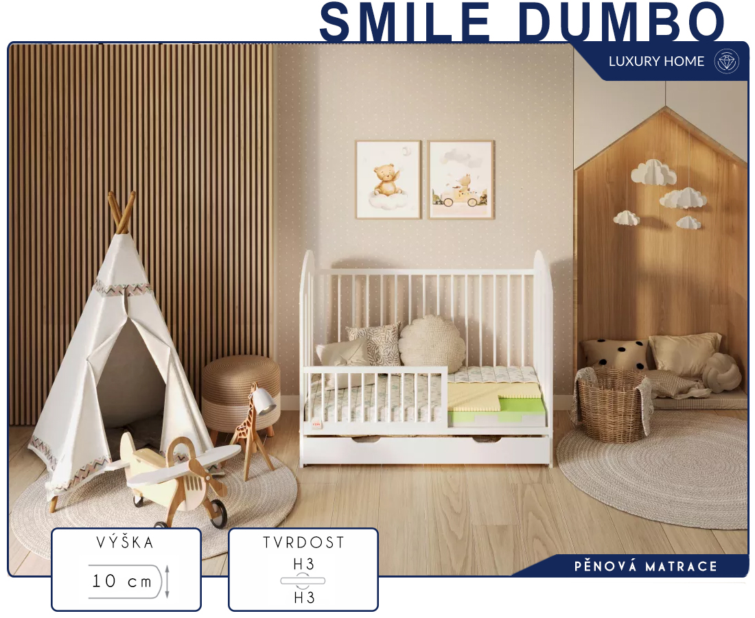 Dětská pěnová matrace SMILE DUMBO 80x190 cm 10 cm s nepromokavým potahem