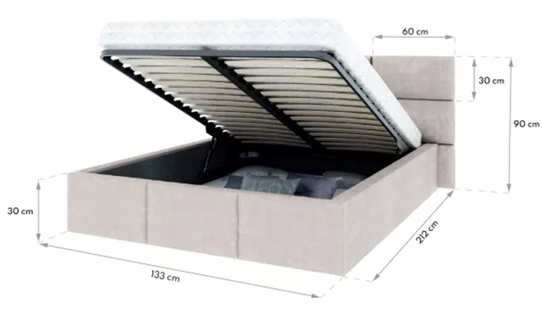 Luxusní postel CHICAGO TRINITY 90x200 s kovovým zdvižným roštem BÍLÁ