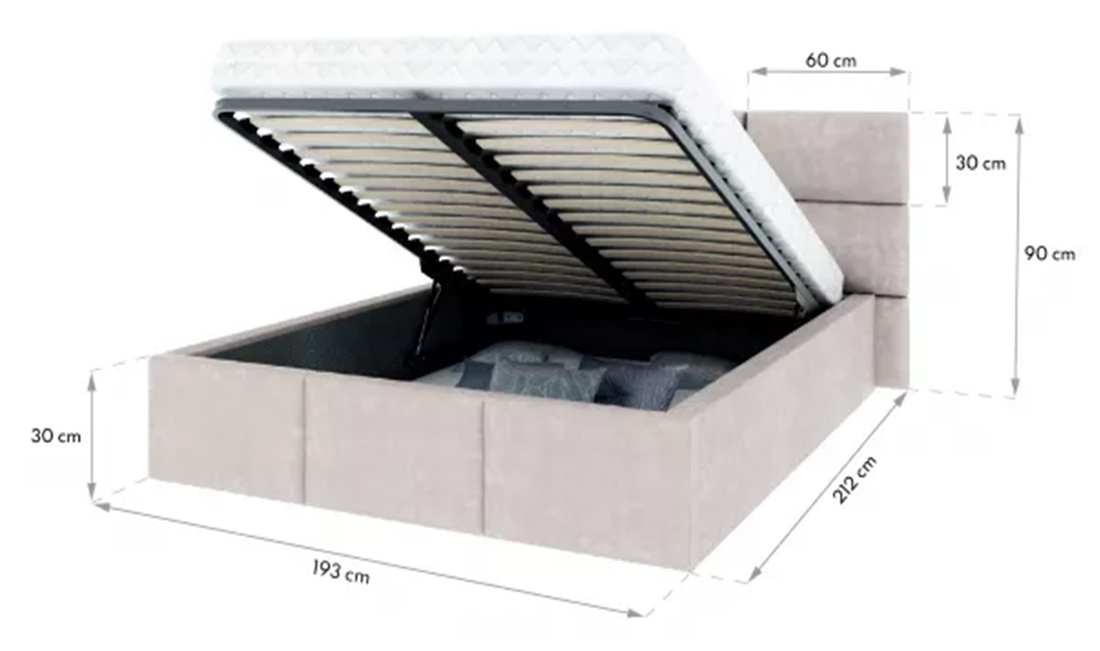 Luxusní postel CHICAGO TRINITY 90x200 s kovovým zdvižným roštem BÍLÁ