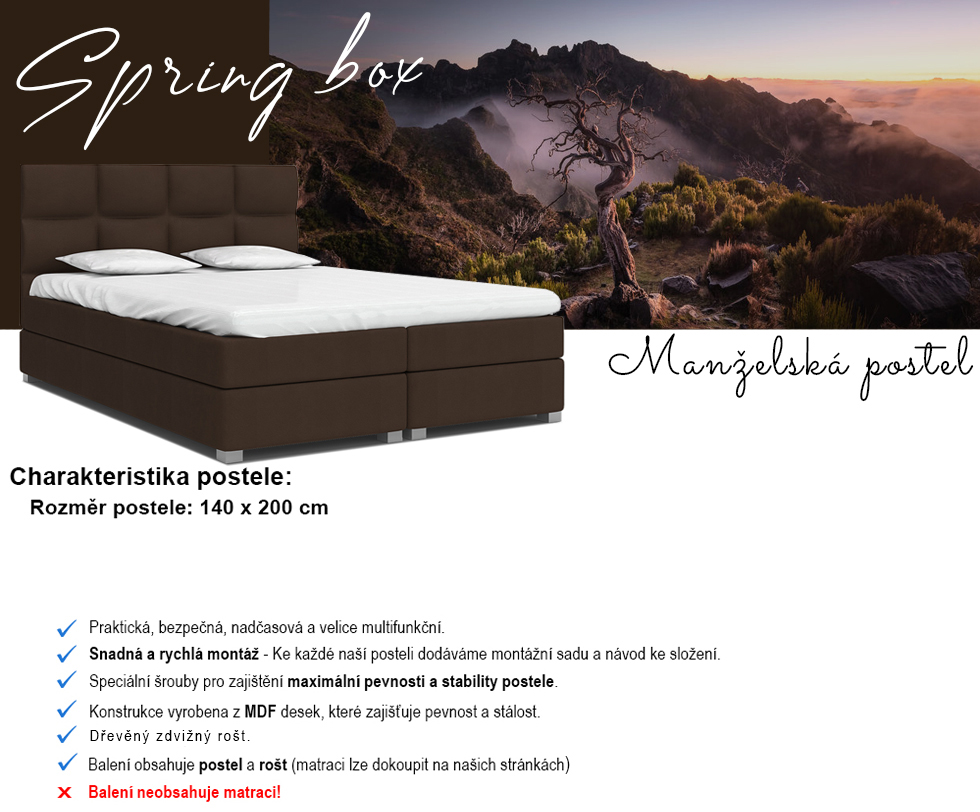 Luxusní postel SPRING BOX 140x200 s kovovým zdvižným roštem HNĚDÁ