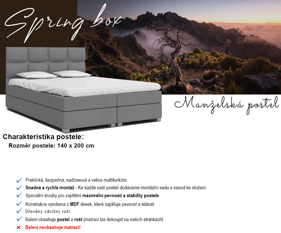 Luxusní postel SPRING BOX 140x200 s dřevěným zdvižným roštem ŠEDÁ