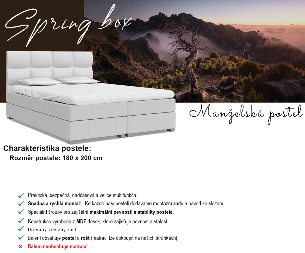 Luxusní postel SPRING BOX 180x200 s dřevěným zdvižným roštem BÍLÁ