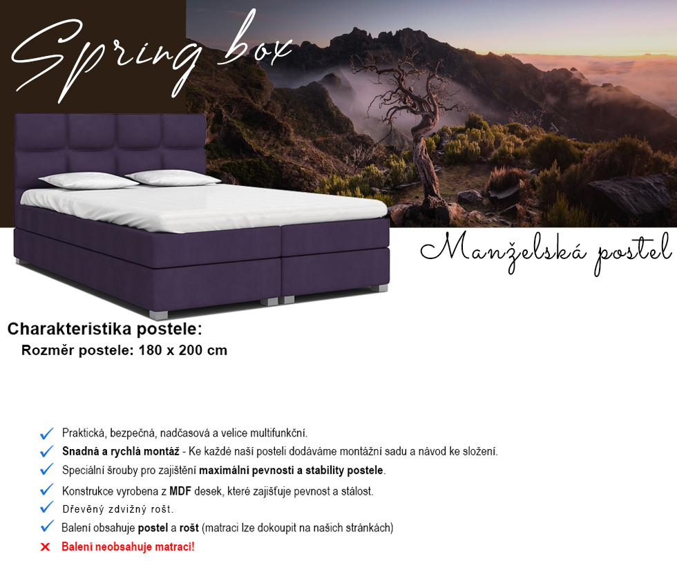 Luxusní postel SPRING BOX 180x200 s dřevěným zdvižným roštem FIALOVÁ