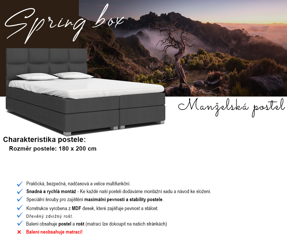 Luxusní postel SPRING BOX 180x200 s dřevěným zdvižným roštem GRAFIT