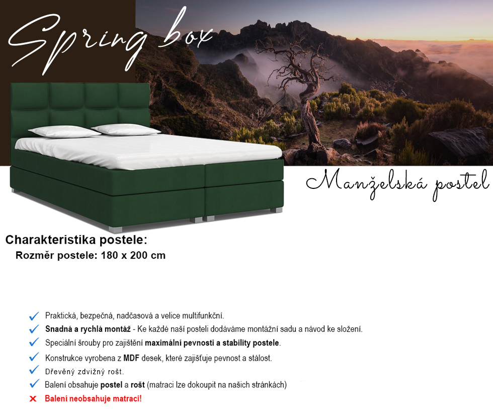 Luxusní postel SPRING BOX 180x200 s dřevěným zdvižným roštem ZELENÁ