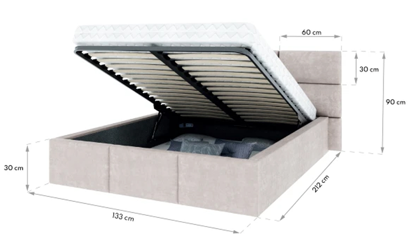 Luxusní postel CHICAGO TRINITY 90x200 s kovovým zdvižným roštem BÍLÁ