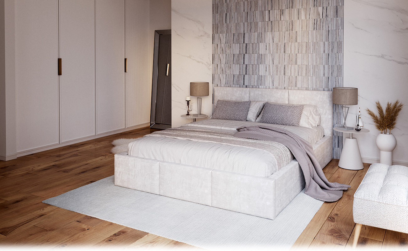 Čalouněná postel AMBER 140x200 Bílá Trinity s úložným prostorem  dřevěný rošt