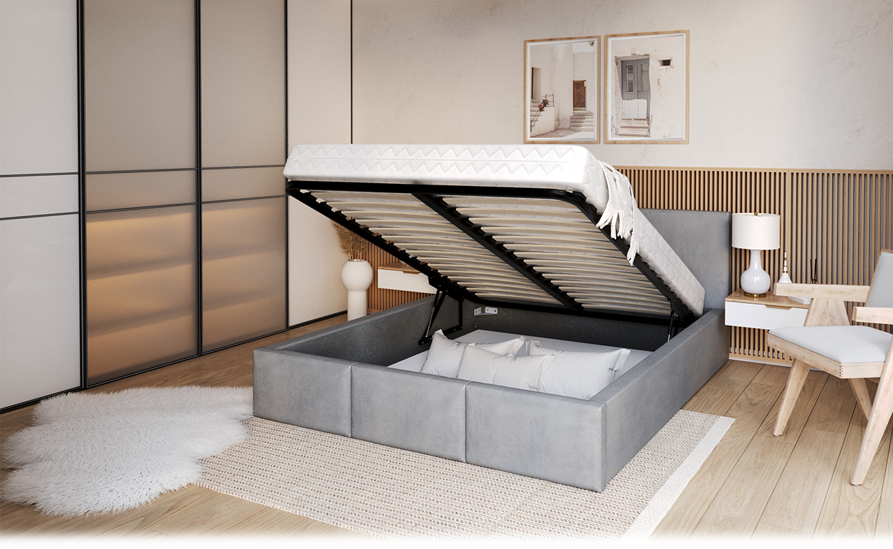 Čalouněná postel AMBER 120x200 Šedá Trinity s úložným prostorem kovový rošt