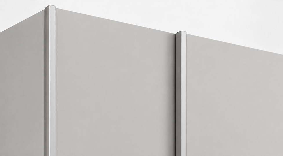 Detail stříbrných profilů skříně LUX 1