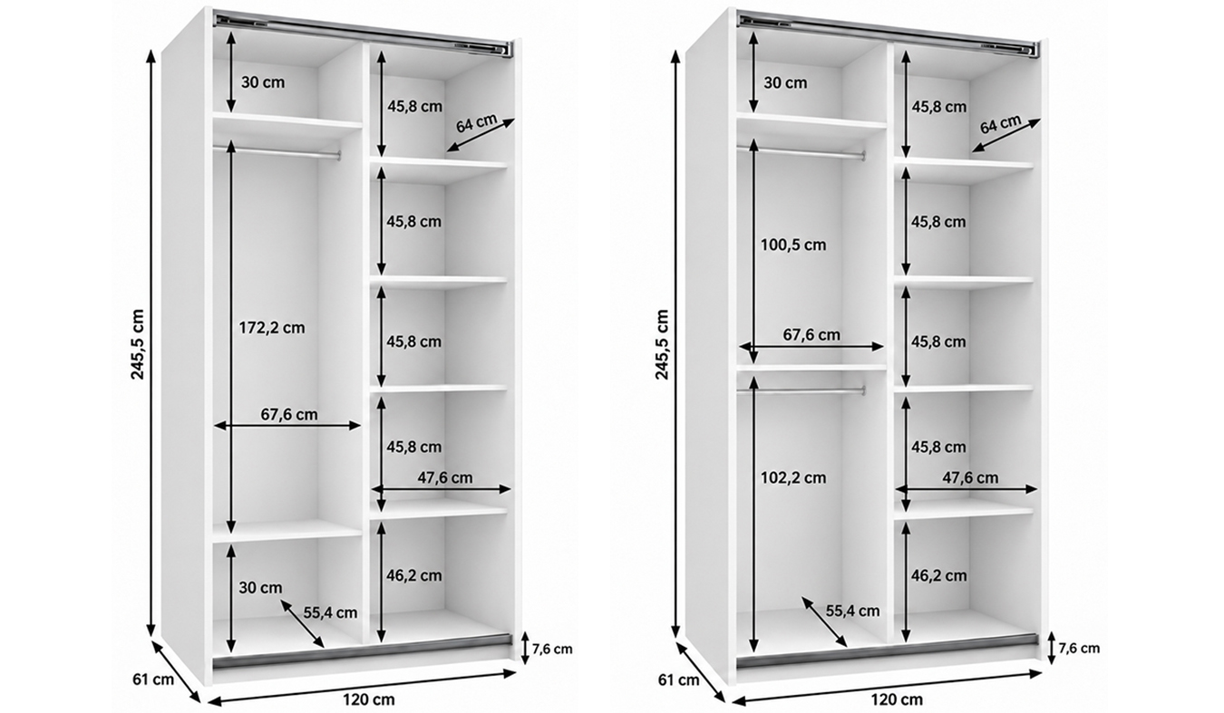 Vnitřní uspořádání bílé šatní skříně LUX 1 120 cm