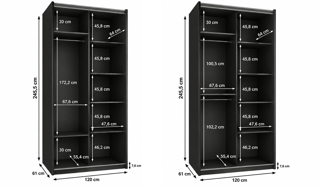 Vnitřní uspořádání černé šatní skříně LUX 1 120 cm